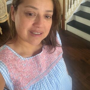 Blue Gingham Tunic with Pink Embroidered Yoke